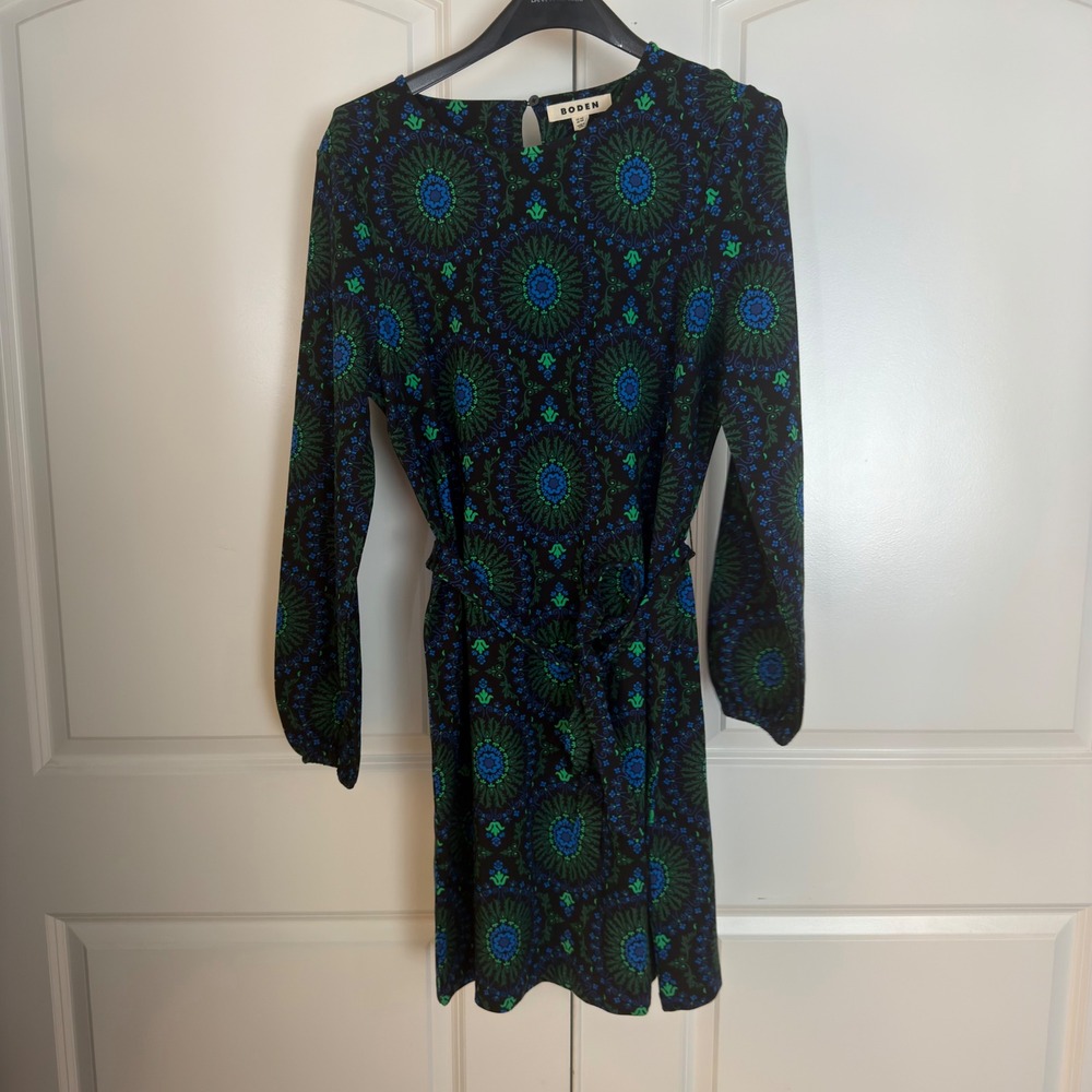 Boden Green Blue Medallion Mosaic Print Long Sleeve Tie Waist Mini Dress US 10R